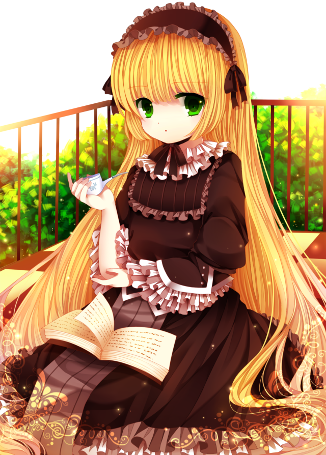 1girl, black_dress, blonde_hair, book, bush, chinstrap, dress, female_focus
