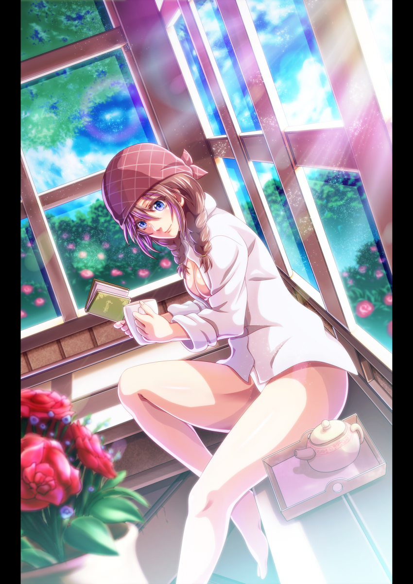 1girl, bad_id, bad_pixiv_id, bandana, blue_eyes, blush, book, braid