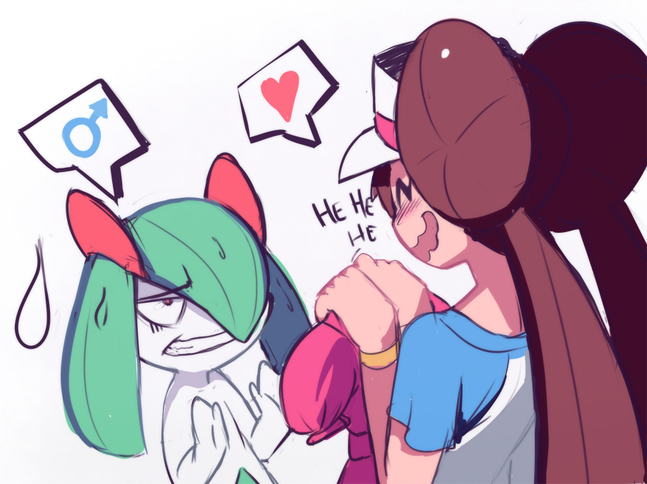 1girl, blush, brown_hair, closed_eyes, dress, gen_3_pokemon, happy, heart, holding_unworn_clothes, holding_unworn_dress, imminent_forced_dressing, kirlia, long_hair, mars_symbol, nintendo, pokemon, pokemon_(creature), pokemon_black_2_and_white_2, rosa_(pokemon), sho-n-d, simple_background, smile, speech_bubble, spoken_heart, spoken_mars_symbol, sweatdrop, twintails, unworn_dress, visor_cap, wavy_mouth, white_background, worried, wristband