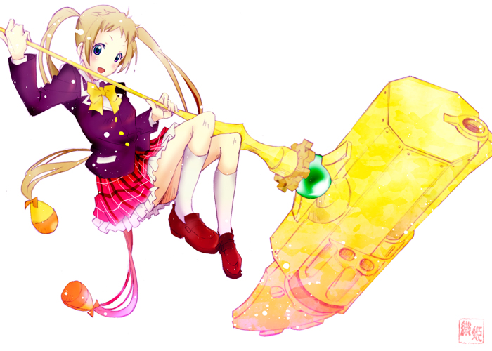 10s, 1girl, blonde_hair, blue_eyes, chuunibyou_demo_koi_ga_shitai!, dekomori_sanae, female_focus, hammer, huge_weapon, long_hair, oriotohime, school_uniform, solo, twintails, very_long_hair, weapon