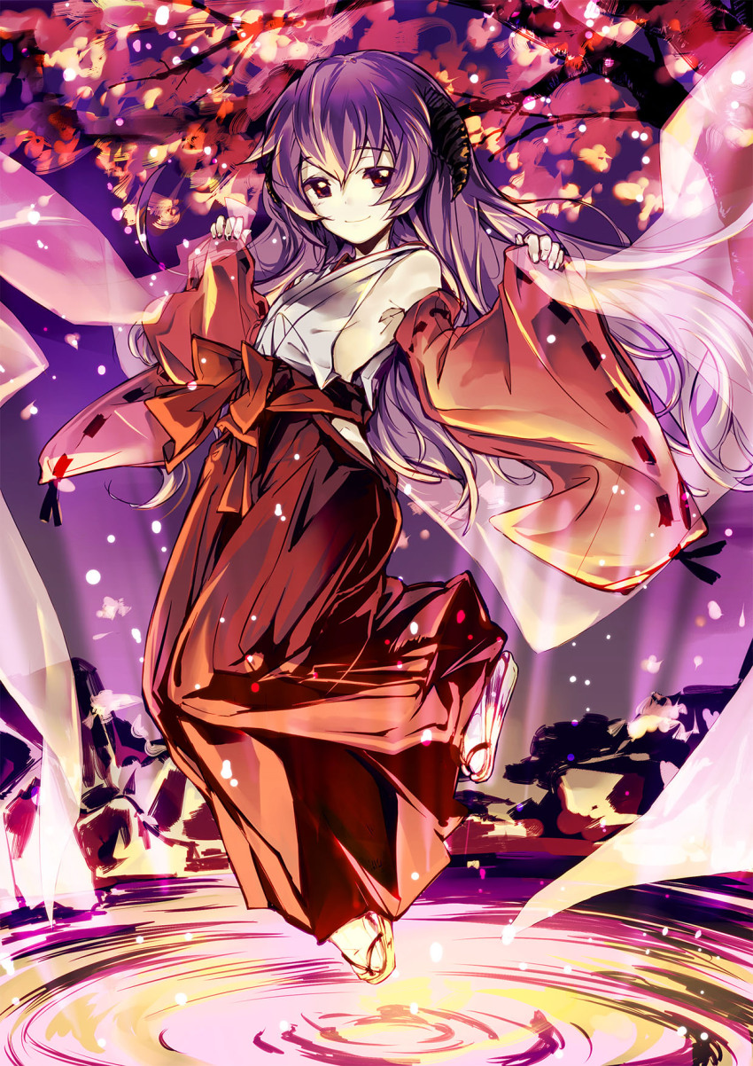1girl, armpits, branch, breasts, detached_sleeves, floating, hakama, hakama_skirt