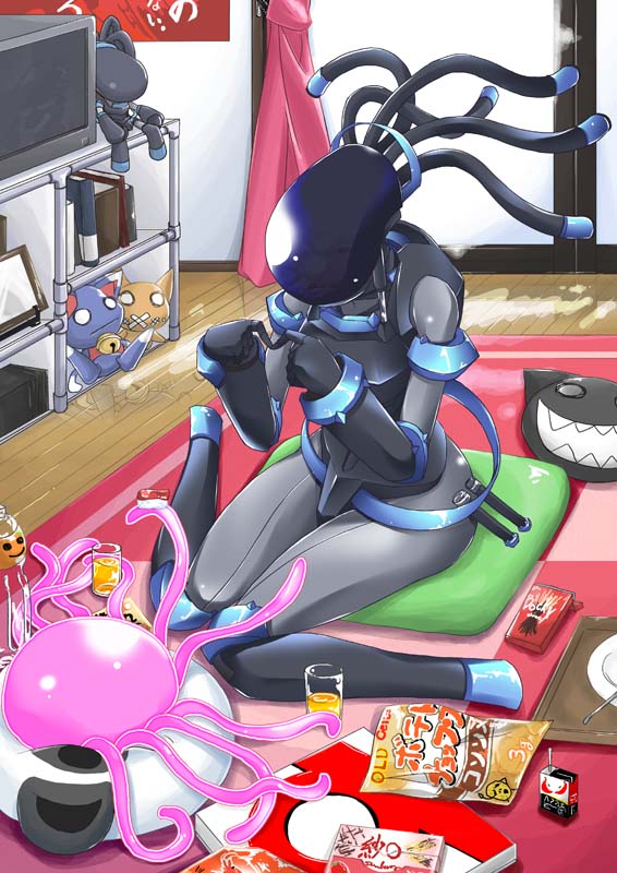 00s, book, chips_(food), cup, cushion, drink_carton, food, humanoid_robot