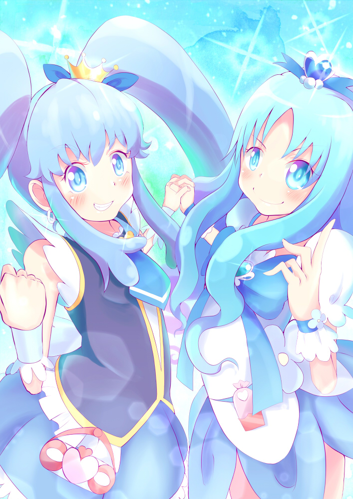 10s, 2girls, blue_hair, bow, brooch, color_connection, crown, cure_marine