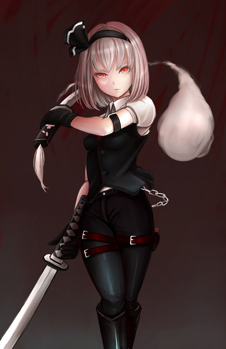 1girl, alternate_costume, arm_strap, black_gloves, boots, chain, dual_wielding, female_focus
