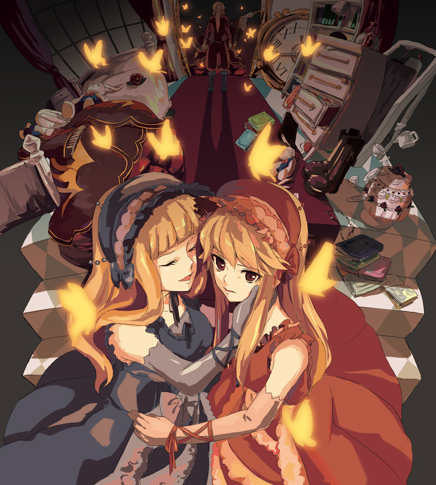 1boy, 1girl, ajiko_ajio, androgynous, bad_id, bad_pixiv_id, beatrice_(umineko), bed, blonde_hair, bonnet, book, bookshelf, boots, bug, butterfly, cake, chest_of_drawers, clair_vaux_bernardus, clair_vaux_bernardus_(cosplay), clock, cosplay, crossdressing, curtains, dress, dual_persona, elbow_gloves, flower, food, gloves, grey_eyes, insect, mirror, no_naku_koro_ni_(series), ponytail, rose, ryukishi07, saucer, stairs, stuffed_animal, stuffed_rabbit, stuffed_toy, teapot, umineko_no_naku_koro_ni, ushiromiya_lion, window