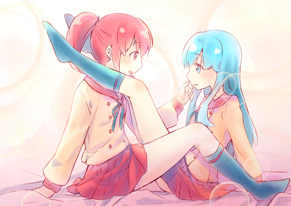 10s, 2girls, aino_megumi, blazer, blue_eyes, blue_hair, blush, eyelashes
