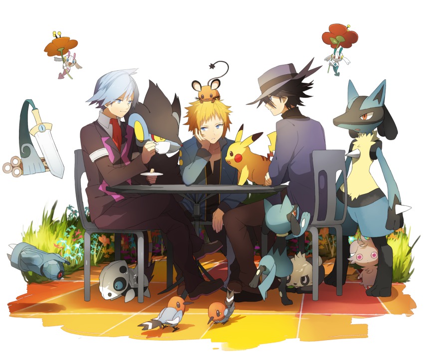 00s, 10s, 3boys, aron, beldum, black_hair, blonde_hair, chair, crossed_legs, cup, dedenne, espurr, fletchling, floette, floette_(orange_flower), floette_(red_flower), gen_1_pokemon, gen_3_pokemon, gen_4_pokemon, gen_6_pokemon, gym_leader, hat, head_rest, heiwa_(murasiho), highres, honedge, lucario, luxray, male_focus, multiple_boys, nintendo, on_head, pancham, pikachu, pokemon, pokemon_(creature), pokemon_diamond/pearl/platinum, pokemon_on_head, pokemon_x_and_y, riley_(pokemon), riolu, short_hair, silver_hair, sitting, spiked_hair, steven_stone, teacup, volkner_(pokemon)