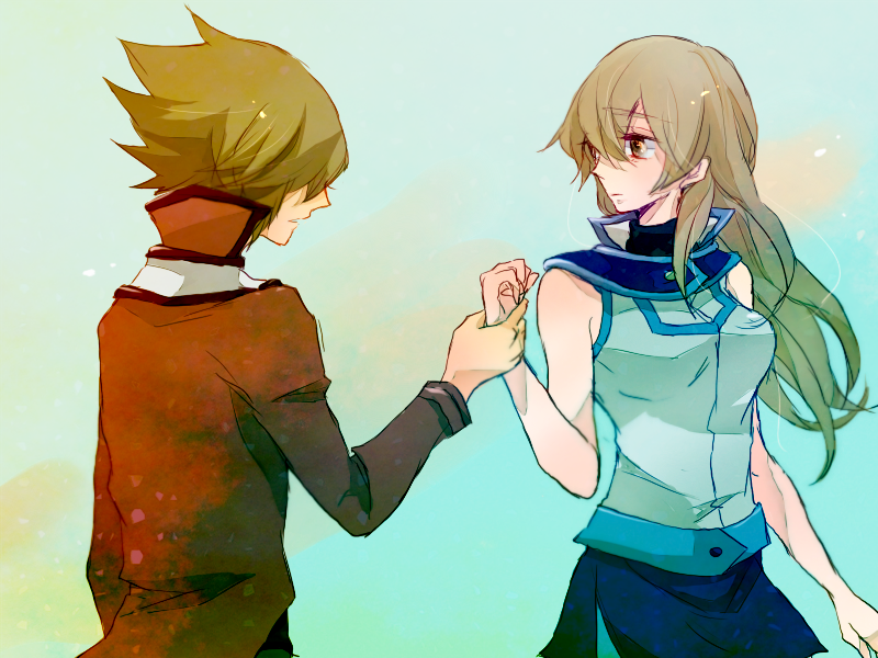 1boy, 1girl, breasts, brown_eyes, brown_hair, couple, duel_academy_uniform_(yu-gi-oh!_gx), holding_another's_wrist