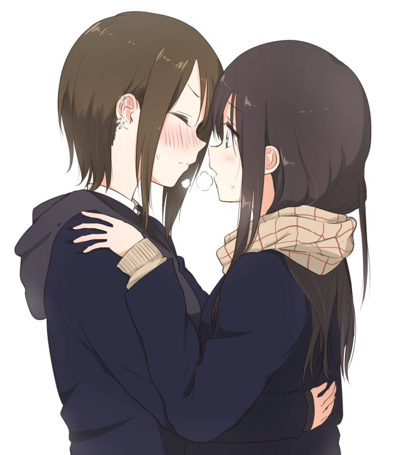 2girls, black_hair, blush, breath, brown_hair, cardigan, closed_eyes, ear_piercing