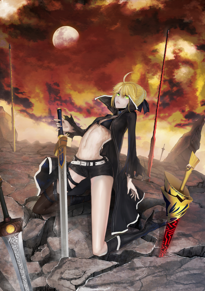 1girl, absurdres, ahoge, arondight_(fate), artoria_pendragon_(fate), bikini, bikini_top_only, black_bikini, black_rock_shooter, black_rock_shooter_(character), black_rock_shooter_(cosplay), blonde_hair, cosplay, ea_(fate), excalibur_(fate/stay_night), fate/stay_night, fate/zero, fate_(series), female_focus, flat_chest, full_moon, gae_buidhe_(fate), gae_dearg_(fate), green_eyes, highres, long_coat, mek, midriff, moon, multiple_weapons, navel, parody, planted, planted_sword, planted_weapon, saber_(fate), shorts, solo, swimsuit, sword, weapon