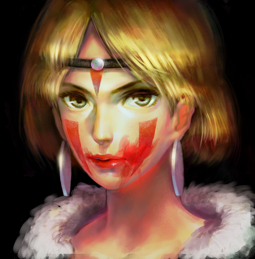 1990s_(style), 1girl, absurdres, brown_hair, earrings, facepaint, female_focus, fur_collar