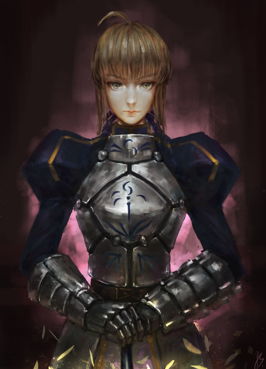 1girl, absurdres, ahoge, armor, armored_dress, artoria_pendragon_(fate), blonde_hair, dress, excalibur_(fate/stay_night), fate/stay_night, fate_(series), female_focus, gauntlets, green_eyes, gs_(raygao211), hair_ribbon, highres, juliet_sleeves, long_sleeves, puffy_sleeves, realistic, ribbon, saber_(fate), solo