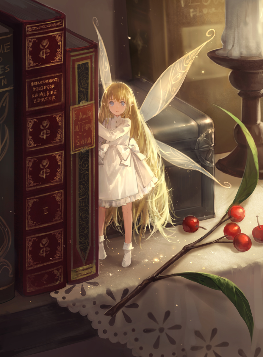 1girl, blonde_hair, blue_eyes, bobby_socks, book, candle, cotta, dress