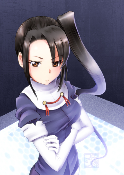 10s, 1girl, black_hair, blush, brown_eyes, brown_hair, crossed_arms, elbow_gloves