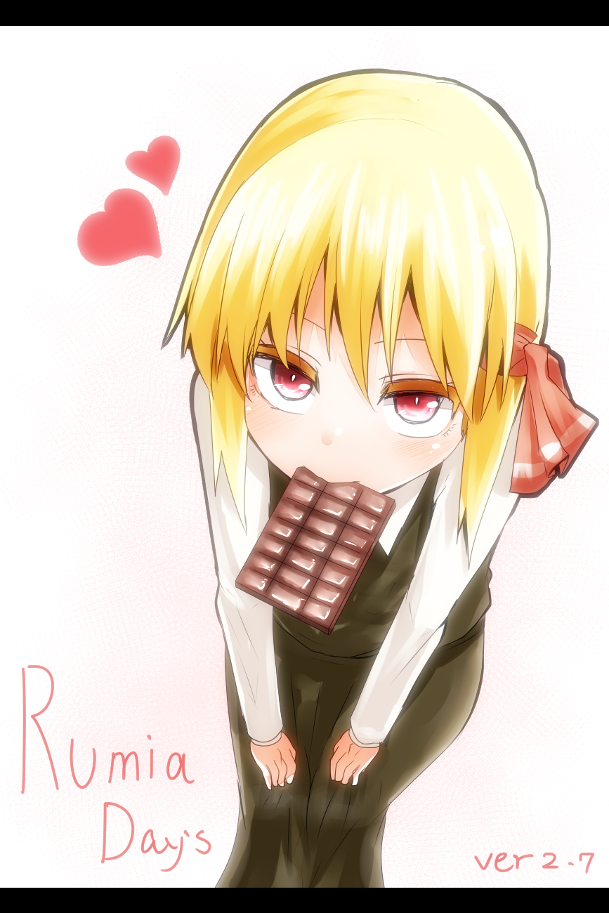 1girl, blonde_hair, candy, chocolate, chocolate_bar, female_focus, food, hair_ribbon