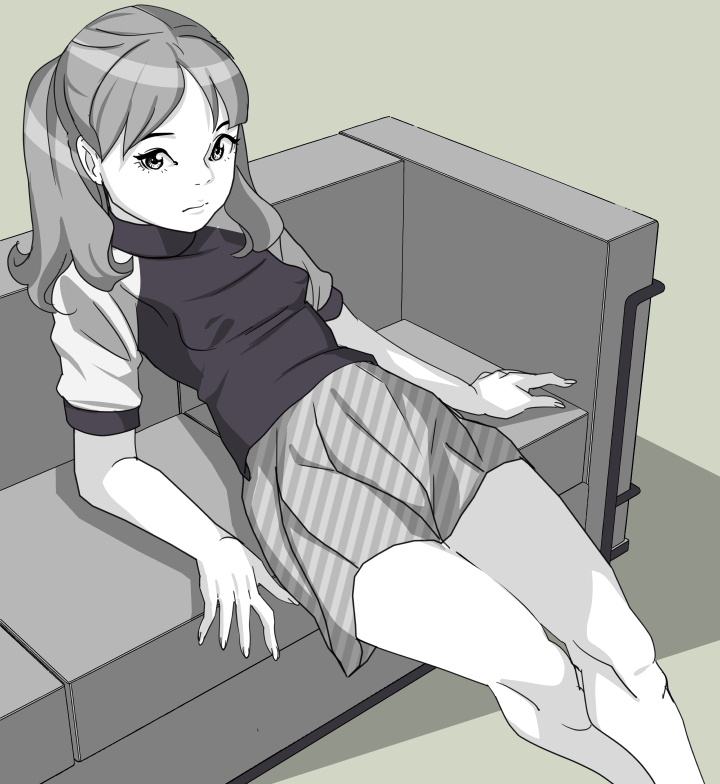 1girl, bad_id, bad_pixiv_id, chair, child, couch, female_focus, long_hair, monochrome, on_chair, original, oyoyo_(yoyoichi), shirt, sitting, skirt, solo, t-shirt, twintails