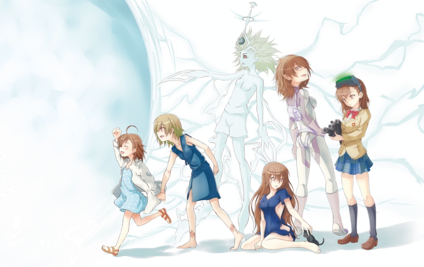 6+girls, ahoge, assault_rifle, azalea_(thenewhorde), bodysuit, breasts, brown_eyes, brown_hair, bullpup, cat, colored_skin, dolly_(toaru_kagaku_no_railgun), dress, electricity, electrokinesis, energy, floating_hair, grenade_launcher, gun, gym_shirt, gym_shorts, gym_uniform, halo, head-mounted_display, headpat, highres, hospital_gown, last_order_(toaru_majutsu_no_index), long_hair, magic, medium_breasts, misaka_imouto, misaka_imouto_10032's_cat, misaka_imouto_9982, misaka_mikoto, misaka_mikoto_level_6_shift, misaka_worst, multiple_girls, psychic, rifle, school_uniform, shirt, shorts, siblings, sideboob, sisters, skirt, small_breasts, spoilers, third_eye, toaru_kagaku_no_railgun, toaru_kagaku_no_railgun_s, toaru_kagaku_no_railgun_t, toaru_majutsu_no_index, toaru_majutsu_no_index:_old_testament, transformation, underbarrel_grenade_launcher, weapon, white_shirt, white_shorts, white_skin