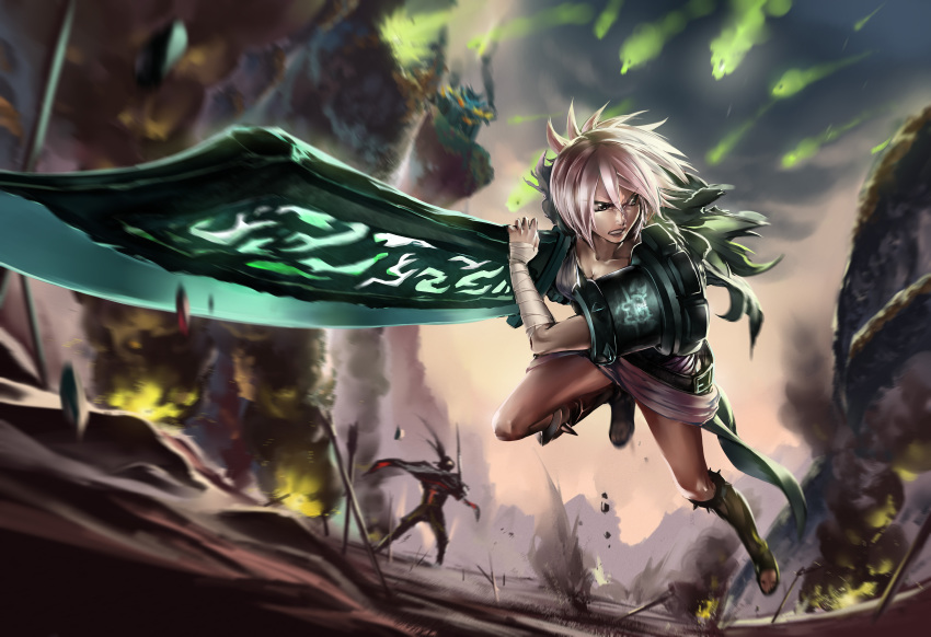 absurdres, baijiin_poison, bandages, battle, highres, league_of_legends, riven_(league_of_legends), short_hair, smoke, sword, weapon, white_hair, yasuo_(league_of_legends)