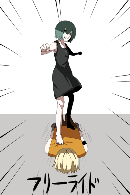 1boy, 1girl, barefoot, blonde_hair, dress, green_eyes, green_hair, grin