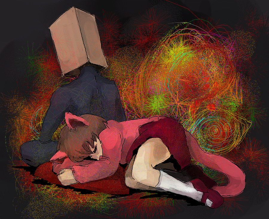 1boy, 1girl, animal_ears, bag, bag_over_head, braid, brown_hair, cat_ears