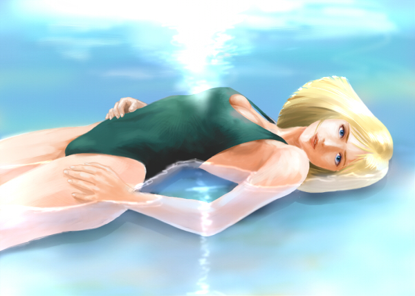 blonde_hair, blue_eyes, breasts, cleavage, gundam, kwht, mobile_suit_gundam, one-piece_swimsuit, sayla_mass, swimsuit, water