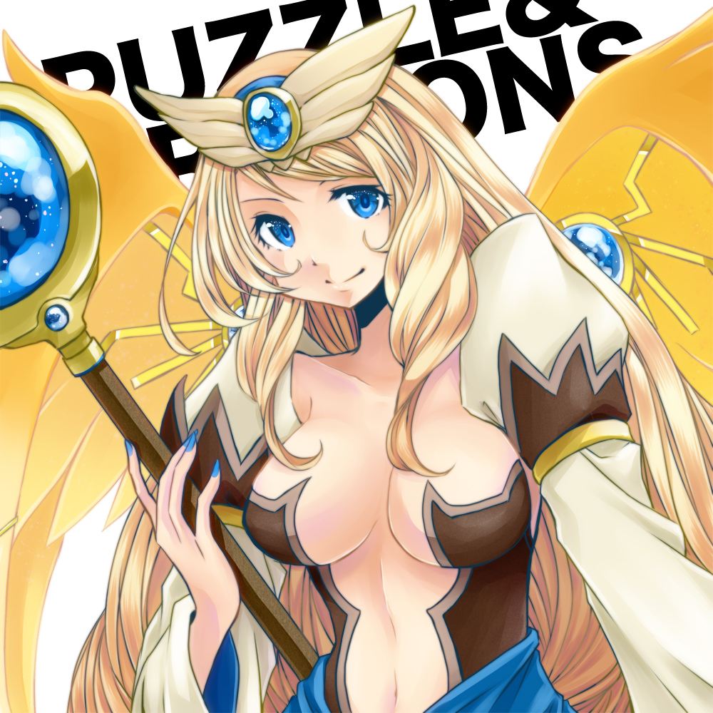 1girl, archangel_(p&amp;d), blonde_hair, blue_eyes, breasts, copyright_name, female_focus, large_breasts, long_hair, navel, puzzle_&amp;_dragons, rei_(reins), smile, solo, staff, white_background, wings