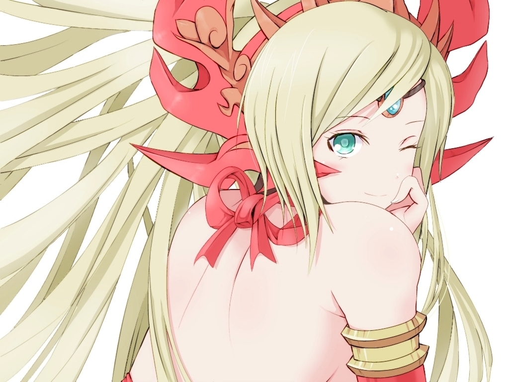 1girl, aqua_eyes, blonde_hair, bow, echidna_(p&amp;d), from_behind, headdress, okeriba, puzzle_&amp;_dragons, wink