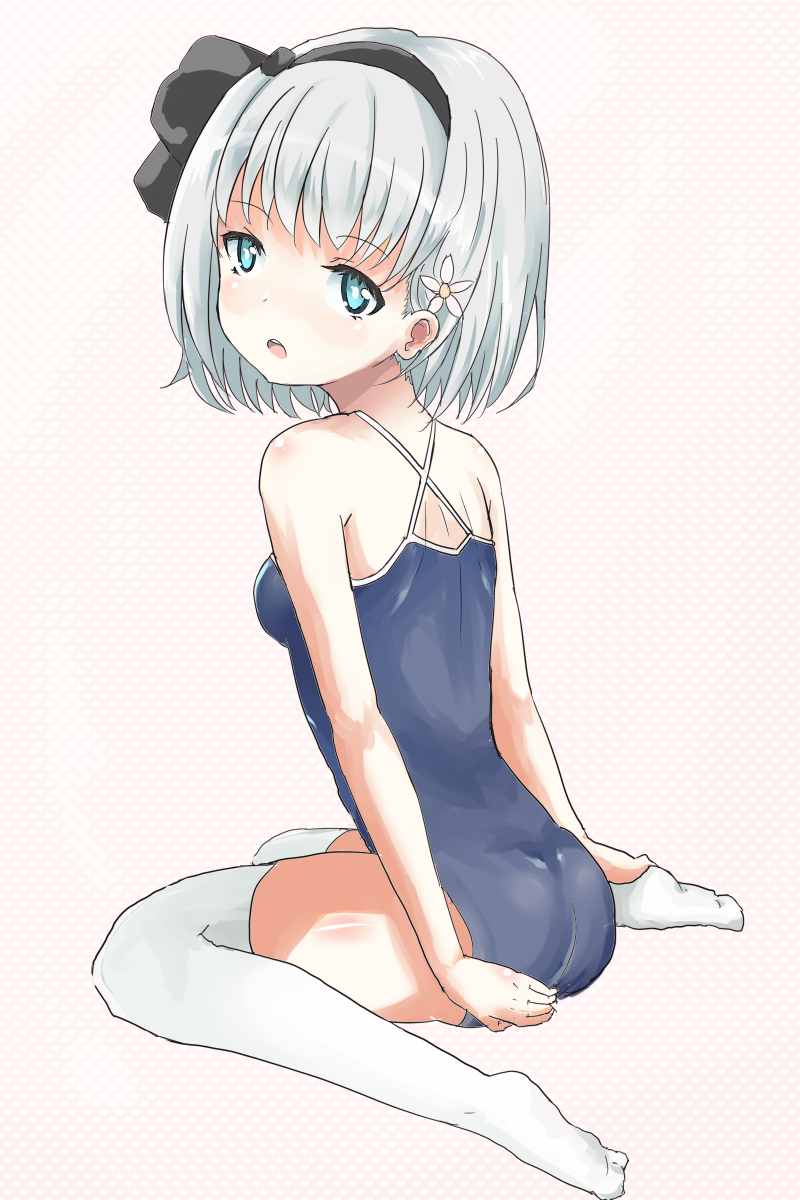 1girl, bad_id, bad_pixiv_id, blue_eyes, blush, bob_cut, competition_school_swimsuit, female_focus, flower, from_behind, hair_flower, hair_ornament, hair_ribbon, hand_on_own_ass, highres, konpaku_youmu, looking_back, one-piece_swimsuit, open_mouth, ribbon, school_swimsuit, silver_hair, solo, swimsuit, thighhighs, touhou, white_thighhighs, zx0602