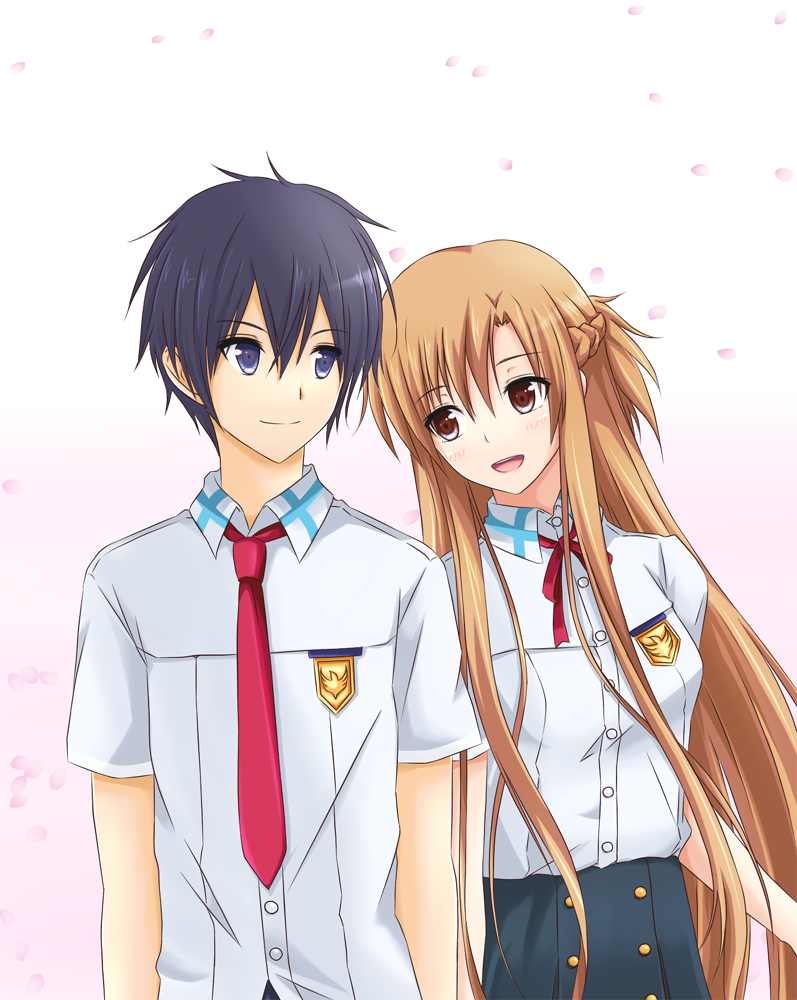 10s, 1boy, 1girl, asuna_(sao), black_eyes, black_hair, brown_eyes, brown_hair, couple, kirito, long_hair, nanari, school_uniform, short_hair, sword_art_online