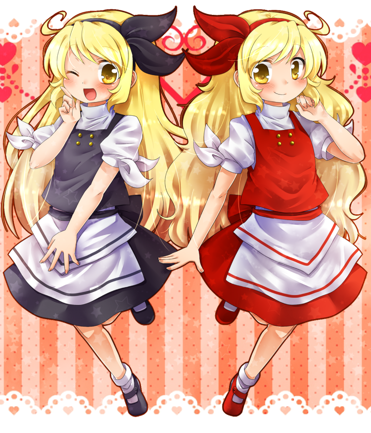 1girl, ahoge, alternate_color, ankle_socks, apron, blonde_hair, blush, border