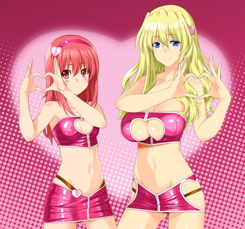 2girls, four-finger_heart_hands, age_difference, bad_id, bad_pixiv_id, bandeau, blonde_hair, blue_eyes, blush, breasts, cleavage, cleavage_cutout, clothing_cutout, glasses, groin, headband, heart, heart_cutout, heart_hands, kamia_(not_found), kasuga_aya, large_breasts, long_hair, midriff, miniskirt, multiple_girls, navel, original, red_eyes, red_hair, shiny_clothes, shiny_skin, skirt, small_breasts, smile, sugino_miyo