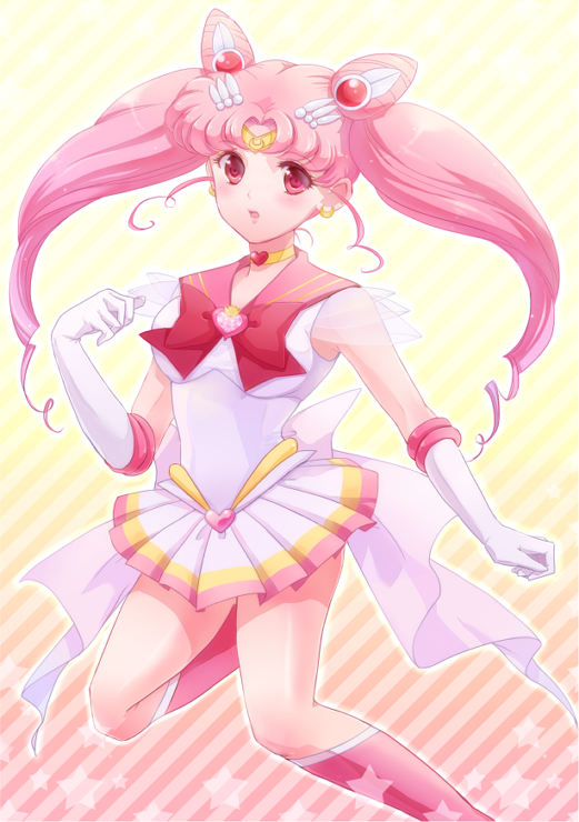 1990s_(style), 1girl, 30, aged_up, bad_id, bad_pixiv_id, bishoujo_senshi_sailor_moon, blush, boots, bow, brooch, chibi_usa, choker, cone_hair_bun, double_bun, earrings, elbow_gloves, female_focus, full_body, gloves, hair_bun, hair_ornament, hairpin, heart, heart_brooch, jewelry, knee_boots, long_hair, magical_girl, multicolored_skirt, pink_boots, pink_hair, pleated_skirt, red_eyes, retro_artstyle, ribbon, sailor_chibi_moon, sailor_collar, skirt, solo, super_sailor_chibi_moon, twintails, white_gloves