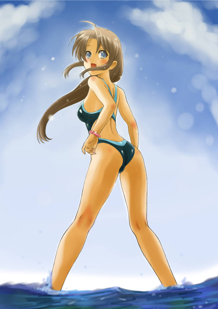 1girl, blue_eyes, brown_hair, chaborin, competition_swimsuit, female_focus, from_behind, highres