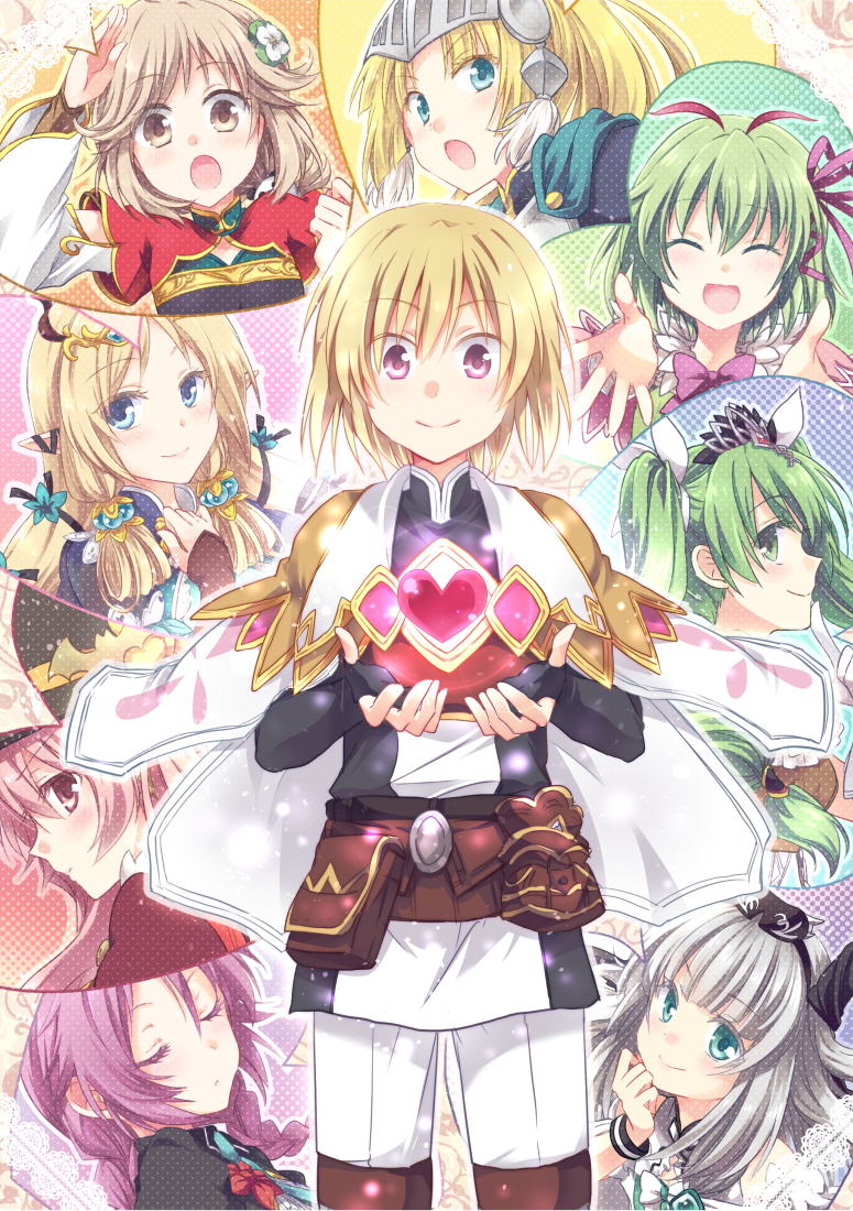 1boy, 6+girls, blonde_hair, blue_eyes, clorica_(rune_factory), closed_eyes, dolce_(rune_factory), forte_(rune_factory)