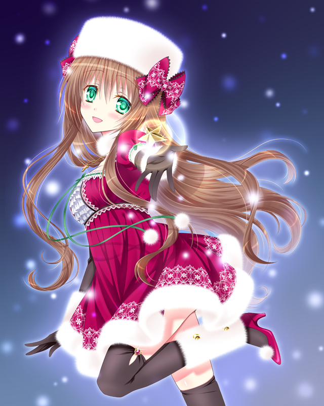 1girl, :d, asuha82, bad_id, bad_pixiv_id, black_gloves, black_thighhighs, blush, bow, brown_hair, dress, female_focus, gloves, green_eyes, hat, high_heels, jewelry, leg_up, leg_warmers, long_hair, necklace, open_mouth, original, smile, solo, thighhighs