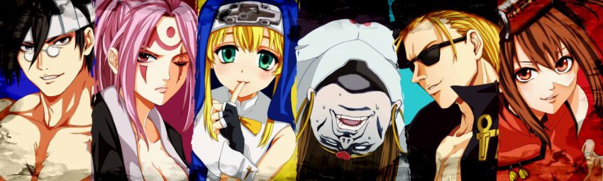 2girls, 4boys, arc_system_works, baiken, blonde_hair, breasts, bridget_(guilty_gear), brown_eyes