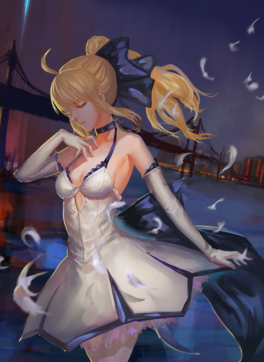 1girl, absurdres, ahoge, artoria_pendragon_(fate), blonde_hair, bow, bridge, closed_eyes, clothing_cutout, cutout_above_navel, dress, elbow_gloves, fate/unlimited_codes, fate_(series), female_focus, gloves, hair_bow, highres, official_alternate_costume, official_alternate_hairstyle, ponytail, saber_(fate), saber_(pure_night_dress)_(fate), saber_lily, solo, taichi_(yirkorn)