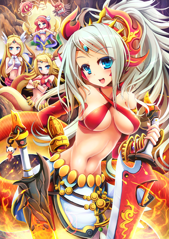 4girls, bad_id, bad_pixiv_id, bangle, blonde_hair, blue_eyes, bracelet, crismon_demon_mask, crown, echidna_(p&amp;d), fire, goushou, jewelry, lamia, long_hair, lots_of_jewelry, mask, midriff, monster_girl, multiple_girls, naga_(p&amp;d), navel, ponytail, puzzle_&amp;_dragons, red_hair, sword, weapon