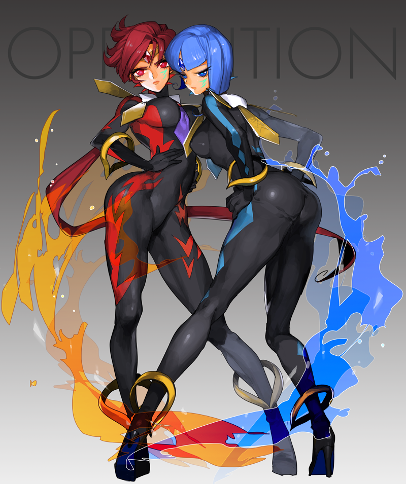 1990s_(style), 2girls, anklet, ass, bad_id, bad_pixiv_id, bishoujo_senshi_sailor_moon, bishoujo_senshi_sailor_moon_another_story, blue_eyes, blue_hair, blunt_bangs, bodysuit, bracelet, breasts, circlet, covered_navel, english_text, facial_mark, fire, flipped_hair, gem, gradient_background, hands_on_own_hips, head_tilt, high_heels, jewelry, kneepits, large_breasts, leaning_forward, lips, looking_at_viewer, multiple_girls, nabu_(sailor_moon), navel, nergal_(sailor_moon), parted_bangs, piyokoro, red_eyes, red_hair, retro_artstyle, short_hair, skin_tight, standing, swept_bangs, turtleneck, water