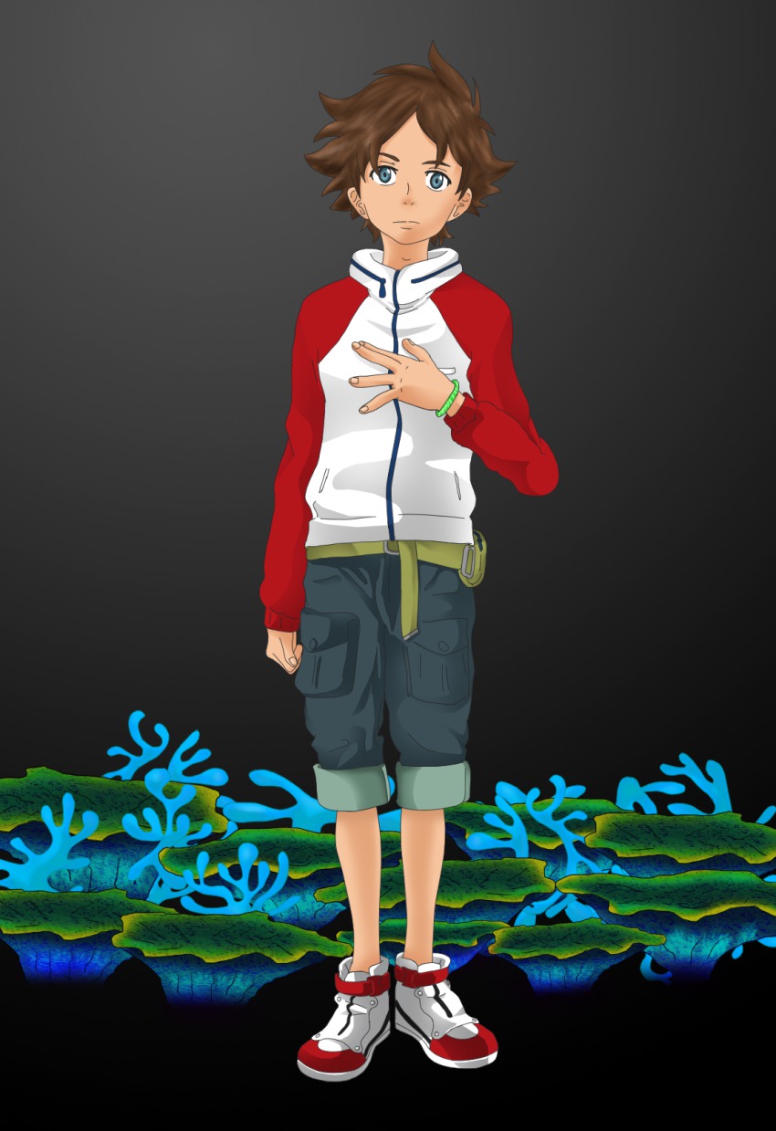 1boy, brown_hair, child, eureka_seven, eureka_seven_(series), full_body, green_eyes, highres, hoiysaky, male_focus, renton_thurston, solo, standing