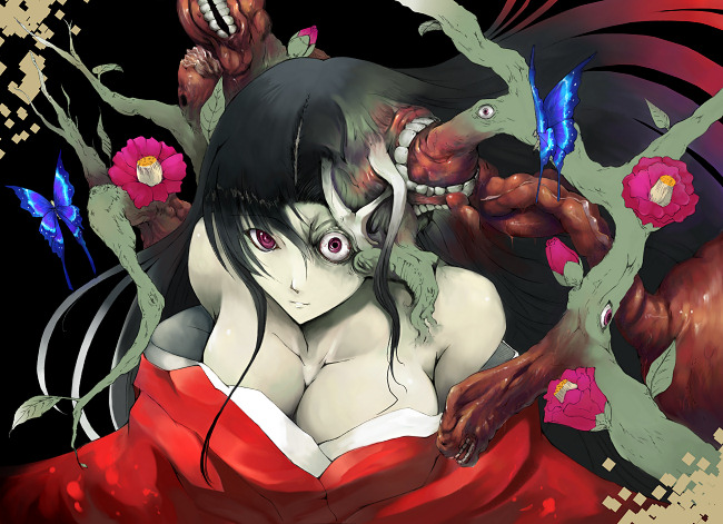 1girl, bare_shoulders, black_hair, breasts, bug, butterfly, cleavage, eyeball, female_focus, flower, freak_girl, insect, japanese_clothes, kimono, large_breasts, red_eyes, solo, sts, surreal, teeth, what