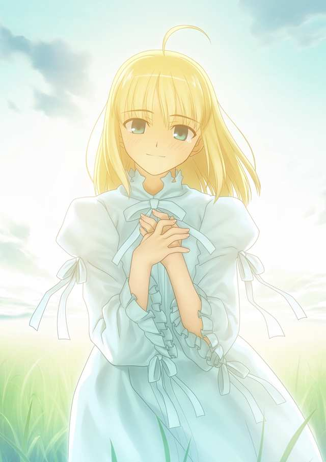 00s, 1girl, ahoge, artoria_pendragon_(fate), blonde_hair, cowboy_shot, day, dress, fate/stay_night, fate_(series), female_focus, game_cg, hair_down, happy, jpeg_artifacts, last_episode_(fate), official_alternate_costume, own_hands_together, saber_(fate), sky, smile, solo, takeuchi_takashi, tears, type-moon