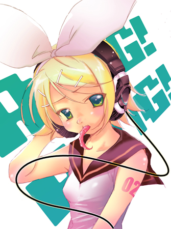 cable, eating, headphones, kagamine_rin, lowres, octopus, seguchi_takahiro, solo