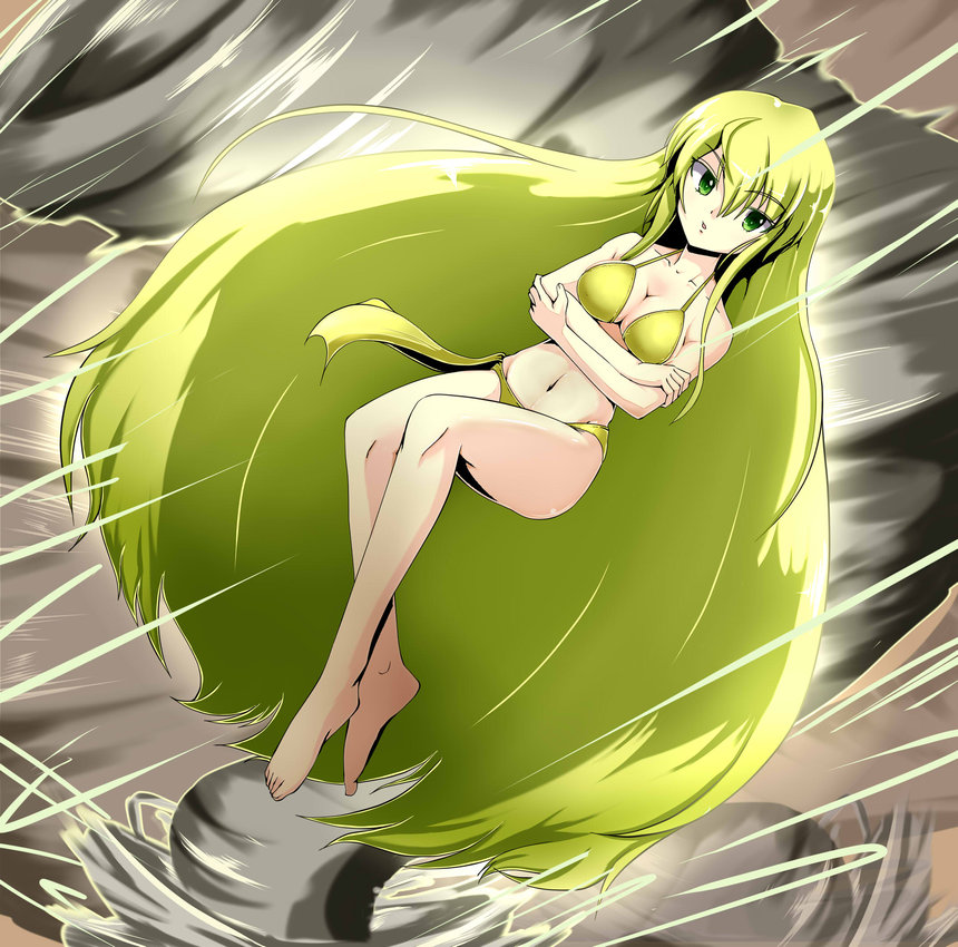 1990s_(style), 1girl, barbariccia, barefoot, bikini, blonde_hair, crossed_arms, feet