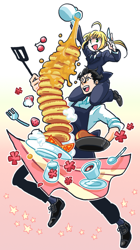 1boy, 1girl, ahoge, alternate_costume, artoria_pendragon_(fate), bad_id, bad_pixiv_id, black_hair