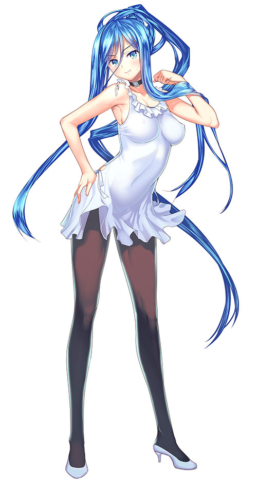 10s, 1girl, aoki_hagane_no_arpeggio, black_pantyhose, blue_eyes, blue_hair, blush, breasts, choker, coffee_cat, dress, female_focus, full_body, long_hair, matching_hair/eyes, pantyhose, ponytail, shounen_gahousha, simple_background, solo, takao_(aoki_hagane_no_arpeggio), very_long_hair, white_background, white_dress