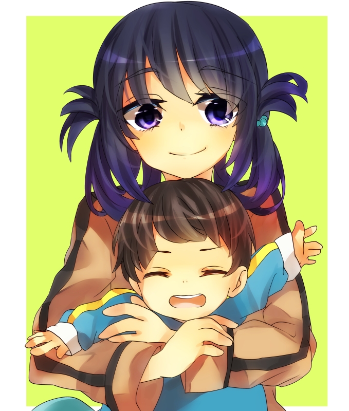 10s, 1boy, 1girl, :d, ^_^, black_hair, brother_and_sister, brown_hair