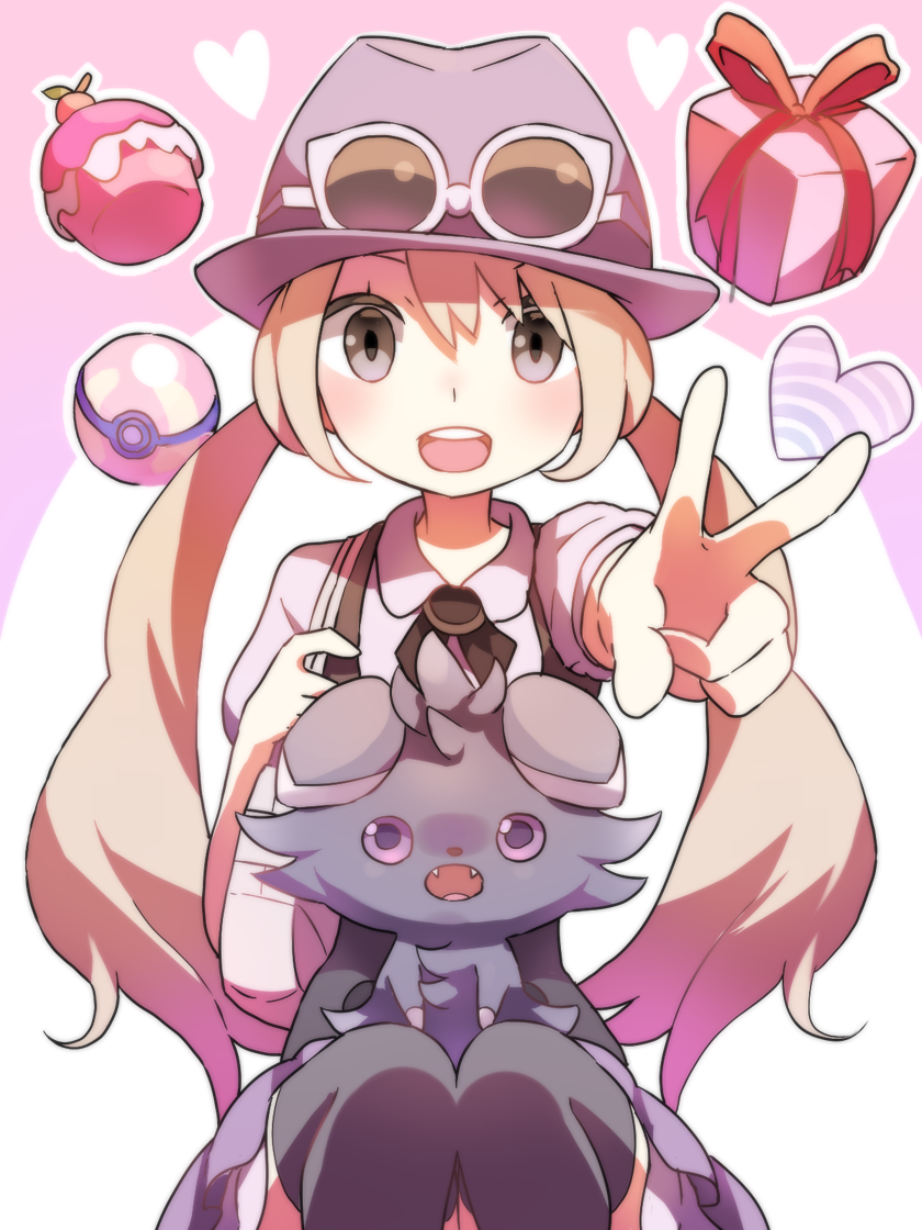 10s, 1girl, alternate_costume, alternate_hair_color, alternate_hairstyle, bad_id, bad_pixiv_id, bag, black_thighhighs, blonde_hair, box, cake, espurr, eyewear_on_head, food, gen_6_pokemon, gift, gift_box, grey_eyes, handbag, happy, hat, heal_ball, heart, knees, legear, legs, long_hair, miniskirt, nintendo, open_mouth, opopowa, poke_ball, pokemon, pokemon_(creature), pokemon_x_and_y, serena_(pokemon), sitting, skirt, sunglasses, teth_(sky:_children_of_the_light), thighhighs, tongue, twintails, v