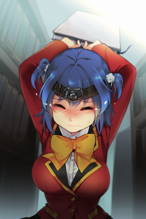 1girl, bad_id, bad_pixiv_id, blush, book, bookshelf, closed_eyes, female_focus, flashlight, headgear, holding, maki666, makl, ribbon, school_uniform, shelf, solo, sword_girls, tears, twintails