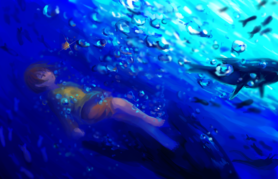 1girl, asphyxiation, bad_id, bad_pixiv_id, barefoot, brown_hair, chie_(lcddem), drowning, expressionless, female_focus, fish, lcddem, looking_away, midorikuzira, shorts, solo, underwater, whale